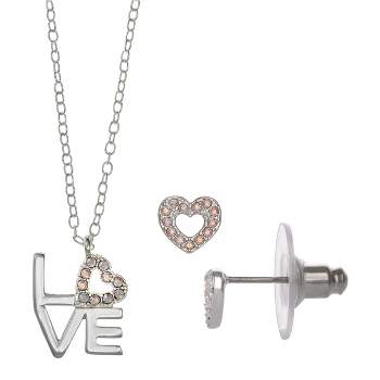 FAO Schwarz Crystal "Love" Pendant Necklace & Earring Set