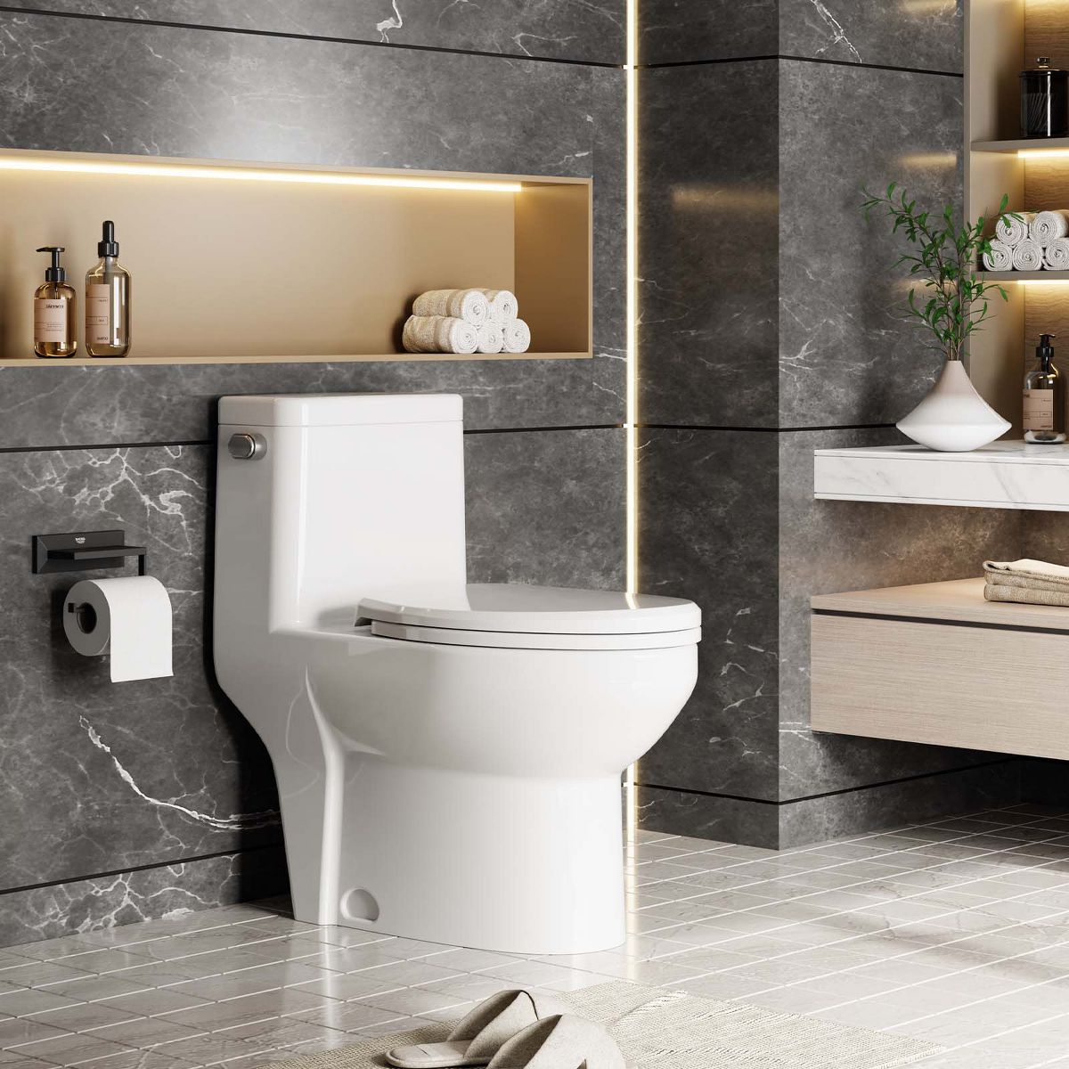 Durable Elongated One-Piece Commercial Toilet – Dual Flush 0.8/1.28 GPF, Soft-Close V-Cover Seat, Left-Hand Trip Lever, 12-Inch Rough-In - thumbnail 4