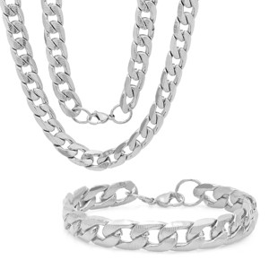 Steeltime 24" and 8.5" Men's stainless steel accented thick Cuban link chain set. Color Options: Silver, Gold - 1 of 4