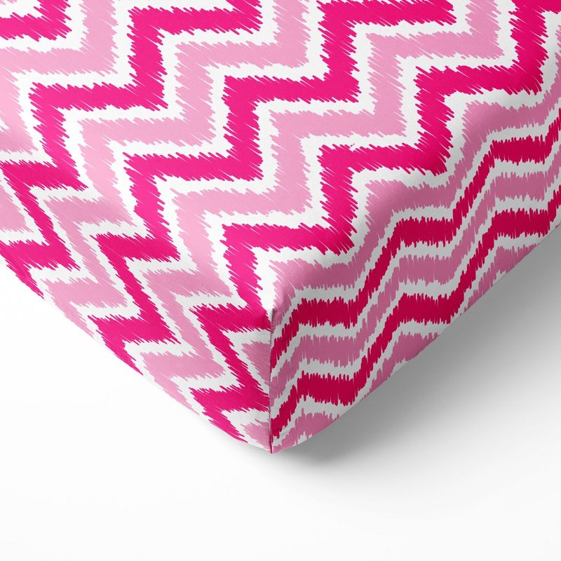 Bacati - Chevron Ikat Pink Fuschia 100 percent Cotton Universal Baby US Standard Crib or Toddler Bed Fitted Sheet, 1 of 7
