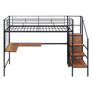 Bellemave Twin Size Metal Loft Bed with Desk and Metal Grid,  Stylish Metal Frame Bed with Lateral Storage Ladder and Wardrobe, Black - 1 of 4
