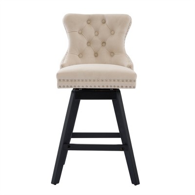 OUTSUPPLY Set of 2 Velvet Swivel Bar Stools, Tufted Counter Height Stools with Wooden Legs & Chrome Accents