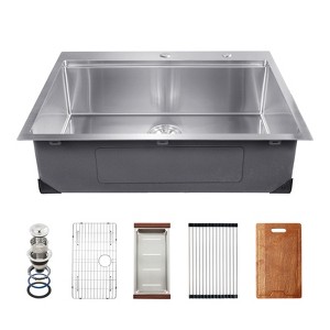 VEVOR 30 inch Kitchen Sink Workstation, 304 Stainless Steel Top Mount Sinks, Drop-In Single Bowl Farmhouse Basin with Ledge, Silver - 1 of 4