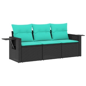 vidaXL 3 Piece Patio Sofa Set with Cushions Black Poly Rattan - Black and Blue Without Table - 1 of 4