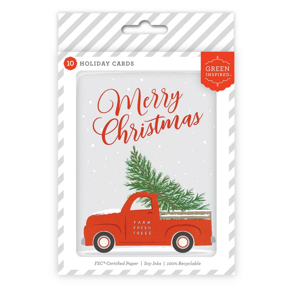 Green Inspired 10ct Merry Christmas Vintage Truck with Tree Single-Design Boxed Card Pack White