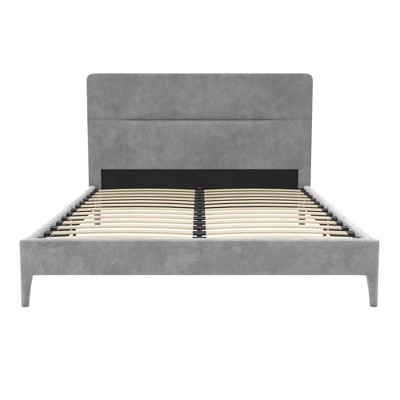 Full Light Gray Velvet Upholstered Platform Bed with Tufted Headboard