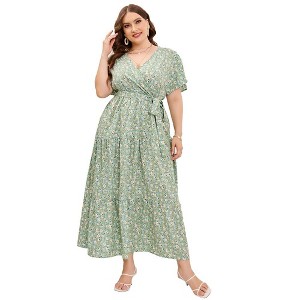 Garvee Women Plus Size V Neck Wrap Maxi Dress High Waist Ruffle Summer Casual Dress with Belt Short Sleeve - 1 of 4
