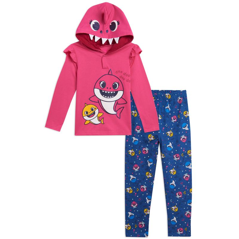Pinkfong Mommy Shark Baby Shark Girls French Terry Pullover Hoodie Poly Hair & Felt Teeth Fin on hat Costume and Leggings Outfit Set Toddler, 1 of 6