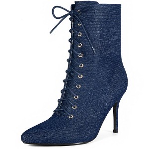 Perphy Women's Pointy Toe Side Zip Lace Up Stiletto Heels Ankle Boots - 1 of 3