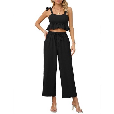 Women s 2 Piece Tracksuit Sleeveless Square Neck Linen Tank Crop Top Wide Leg Pants Matching Sets Summer Outfits Target