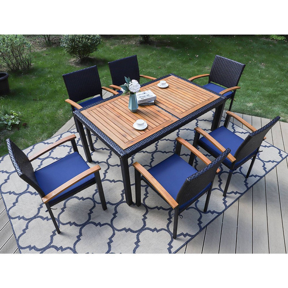 7pc Outdoor Dining Set with Rattan Stackable Chairs & Rectangle Acacia Wood Table – Captiva Designs  – Patio and Outdoor​