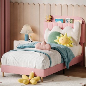 Full Bed Frame, Upholstered Velvet Platform Bed with Bookcase Headboard, Mattress Foundation, Heavy Duty Steel Support Legs - 1 of 4