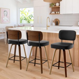 Bekrvio 26"/29" Mid-Century Modern Swivel Bar Stools Set of 1/2/3/4- Faux Leather Upholstered with Back and Bent Wood Legs,Ideal for Kitchen Island - 1 of 4