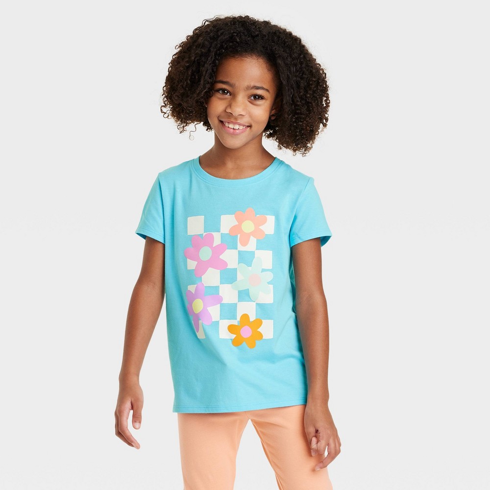 Girls' Short Sleeve 'Flower' Graphic T-Shirt - Cat & Jack™ Bright Turquoise Blue XL Plus