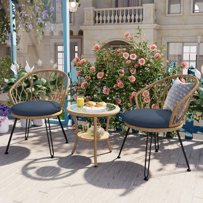 3 Piece Outdoor Patio Leisure Set,Rattan Garden Patio Bistro Set,Fabric Upholstered Rattan Chairs Set of 2 with Round Table-Coolbibila