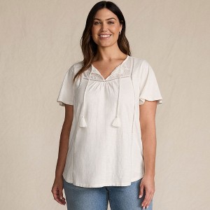 Lands' End Women's Slub Flutter Sleeve Lace Trim Notch Neck Tunic Top - 1 of 4