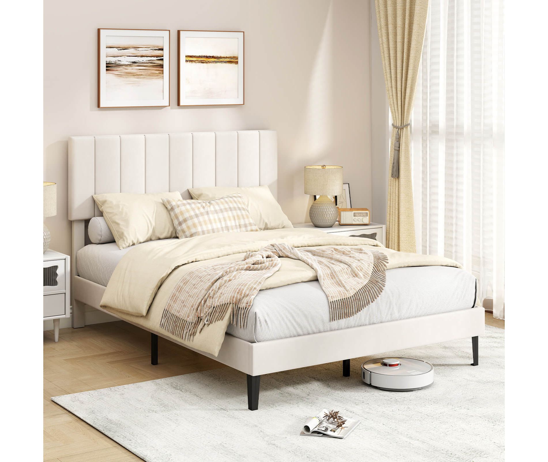 Costway Twin/Full/Queen Size Bed Frame with Height Adjustable Vertical Channel Headboard, Noise Free Gray/Beige