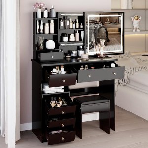 37" Middle Size Left Drawer Desktop Vanity Table + Cushioned Stool, Large Sliding, Touch Control, Tri-color Switching - 1 of 4
