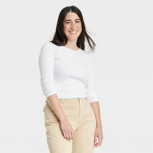 Women's Long Sleeve Shrunken Rib T-Shirt - Universal Thread™ White M