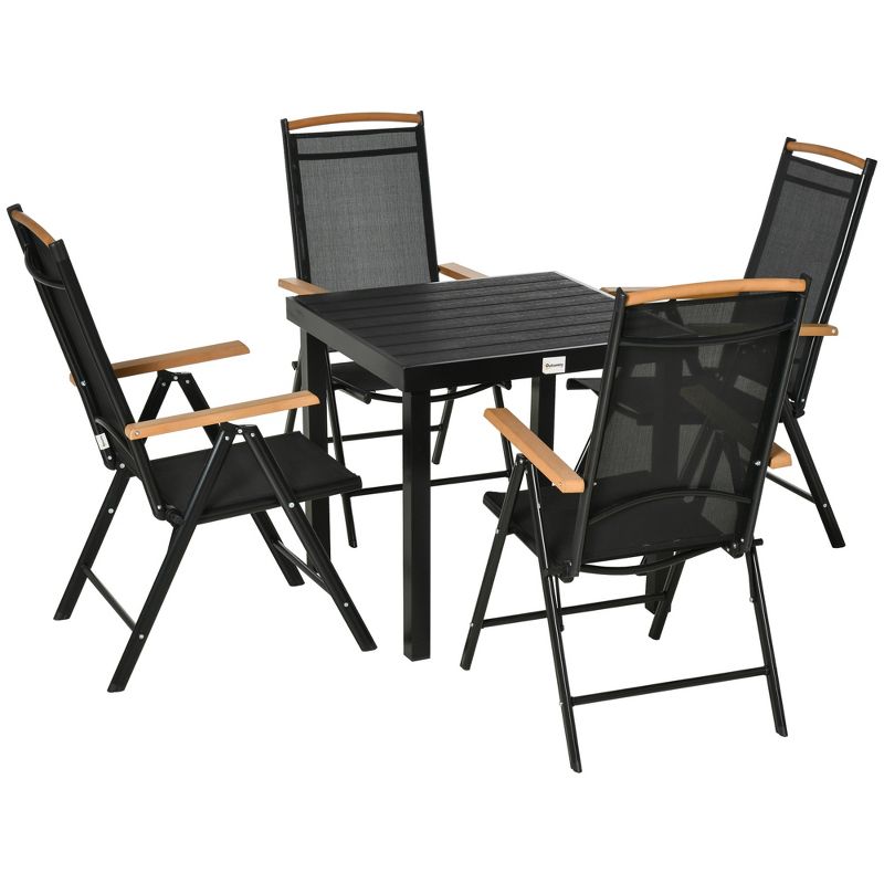Outsunny 5 Piece Outdoor Furniture Patio Dining Set For 4, Square Outdoor Dining Table, Adjustable Reclining Folding Chairs, Black, 1 of 7