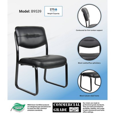 Armless Leather Sled Base Guest Chair Black - Boss Office Products: Heavy Duty Support, 275 lbs Capacity