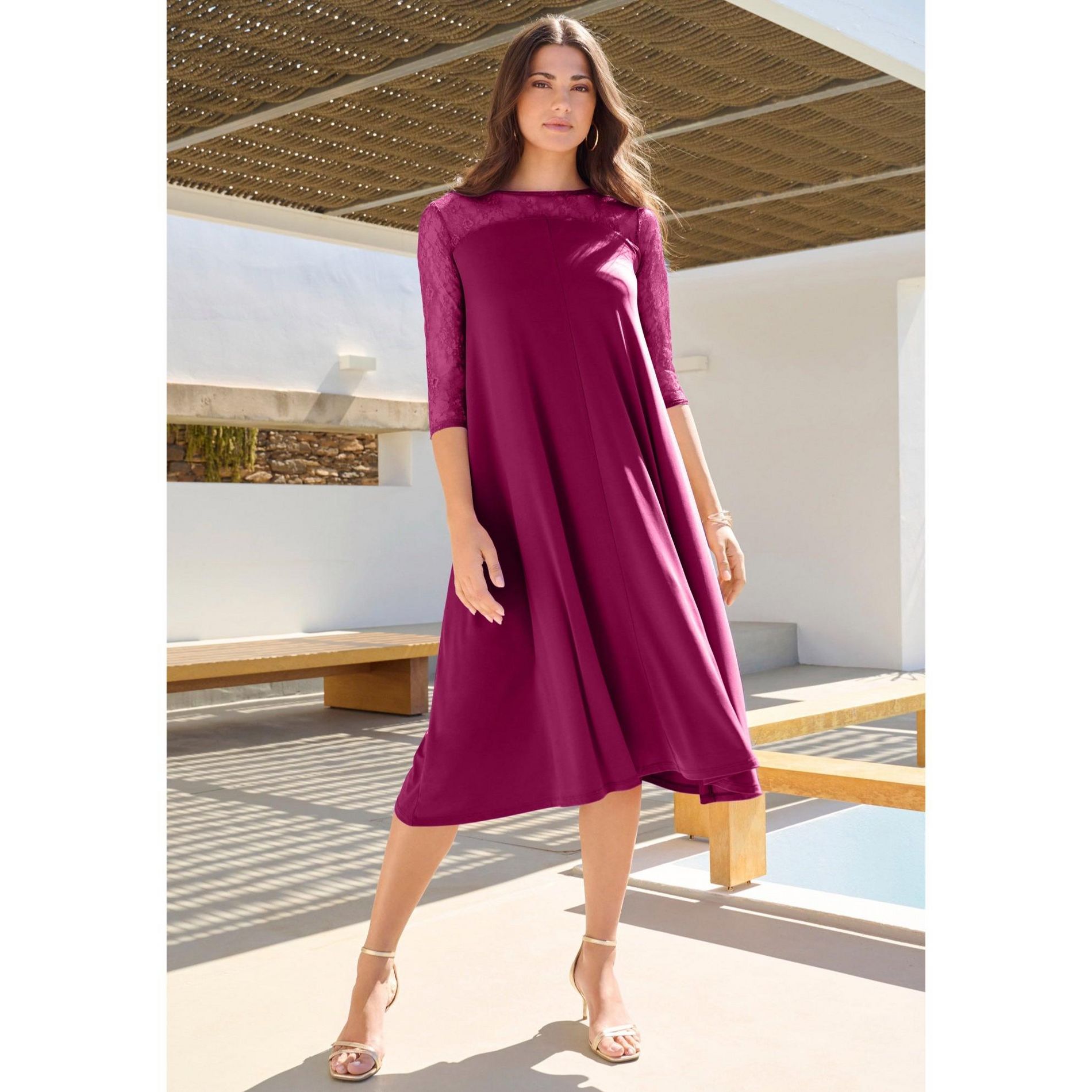 Roaman's Ultrasmooth Fabric Illusion Lace Swing Dress - 14/16, Berry Twist