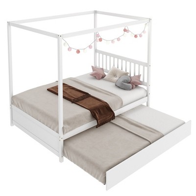 Tangkula Full Size Canopy Bed with Trundle Wooden Platform Bed Frame Headboard White