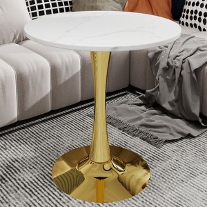 Sapphtopaz Modern Round Dining Table with Golden Tapered Pedestal Base Coffee Table with Faux Marble Finish Kitchen Table for Living Room, White - 1 of 4