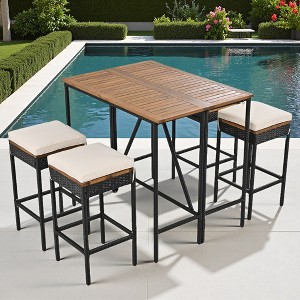 5-Piece Outdoor Patio Counter Height Foldable Dining Set with 4 Cushioned Stools, Acacia Wood Foldable Table - 1 of 4