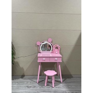 Bear-shaped mirror with bear paw-shaped handles Children's vanity set with 2 drawers Floral-patterned stool Touch-activated three-color mirror White - 1 of 1