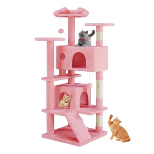FONTOI 54 Inch Multi-Level Cat Tree Tower Indoor Pet Tower Cat Furniture Apartment with Sisal Grab Post, Ladder, Plush Toys, Pink, 19.7"* 19.7"*54" - 1 of 4