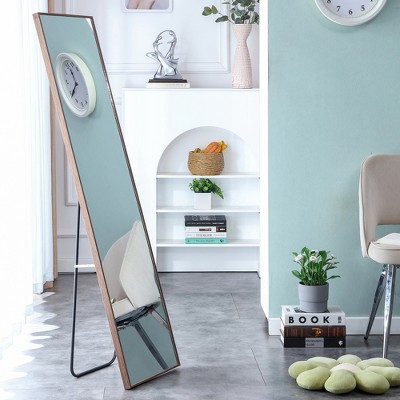 FURNIinspire Full Length Mirrors Floor Standing Wall Mirror, Bedroom Foyer Clothing Store Wall Mounted Mirror, Wooden Frame Square Brown 15"*58"
