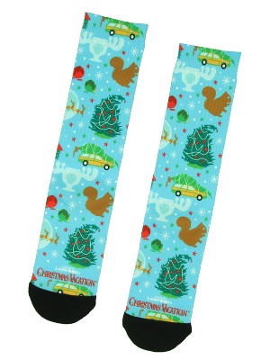 National Lampoon's Christmas Vacation Moose Glass Squirrel Tree Sublimation Mid-Calf Crew Socks Turquoise