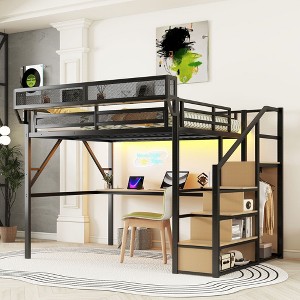 Queen Loft Bed with Desk and Charging Station Queen Size Metal Loft Bed with Stairs and Light for Kids Teens Black - 1 of 4