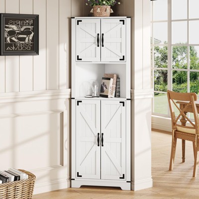 68" Tall Corner Storage Cabinet with 4 Barn Doors & Adjustable Shelves, White