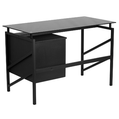 Sleek Black Tempered Glass Desk with File Drawer Pedestal