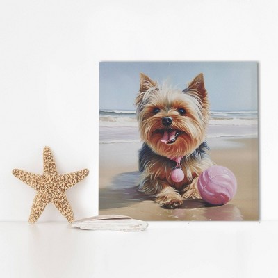 Playful Yorkie Beach Adventure Canvas Wall Art, 16" x 16"