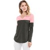 Allegra K Women's Casual Color Block Stretch Long Sleeves Split V-Neck T-Shirt - 2 of 4