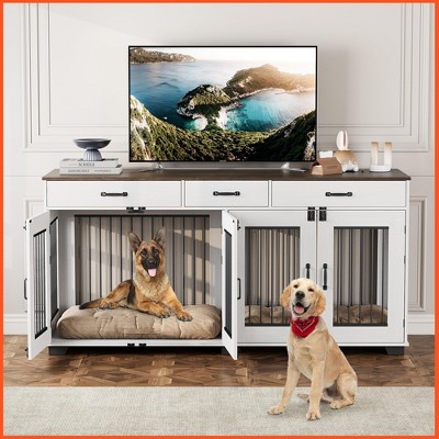 71" Large Dog Crate for 2 Dogs, Wooden Double Dog Crate with 3 Drawers