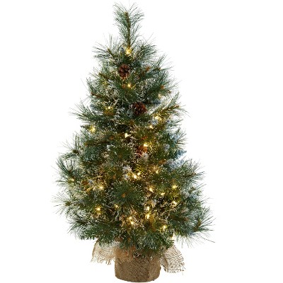 Nearly Natural 3-ft Christmas Tree with Clear Lights, Frosted Tips, Pinecones & Burlap Bag