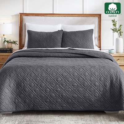 Handcrafted Charcoal Cotton Full Quilt Set with Shams