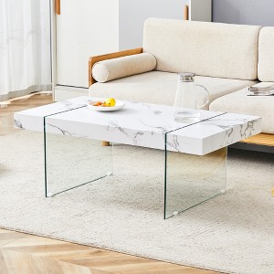 Modern Coffee Table Glasss Cocktail Table Center Table End Table Side Table Accent Table with Marble-Patterned Top, White/Wood/Black-ModernLuxe - 1 of 4