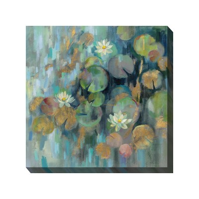 Cottage Garden West of The Wind Mystic Pond Green, Orange, White 24 x 24 Inch Waterproof Gallery Wrapped Canvas, Outdoor Garden, Yard, Patio All