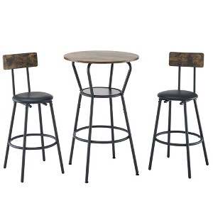 Oversart Round bar table and stool set with shelf, upholstered stool with backrest, Rustic Brown, 24.17"W x 24.17"D x 36.02"H - 1 of 4