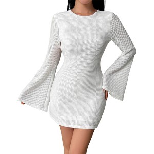 Women Waffle Knit Bell Sleeve Bodycon Dress Open Back with Self-Tie  Closure, Stretchy Curve-Hugging Mini for Night Out : Target