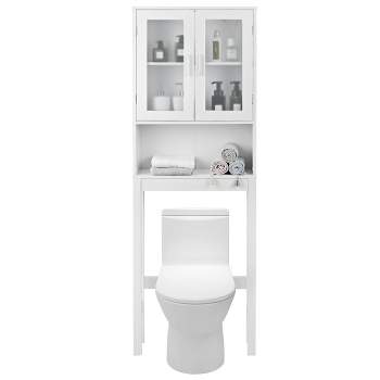Erinnyees Toilet Storage Wooden Bathroom Organizer with 2 Glass Doors &  Adjustable Shelf, Over Toilet Cabinets for Bathroom, White 