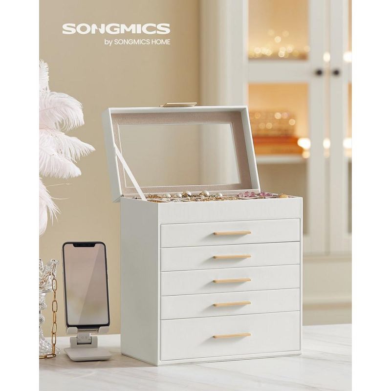 SONGMICS Jewelry Box Jewelry Storage with Glass Lid, 6-Layer Jewelry Organizer, 5 Drawers, Cloud White and Gold Color, 3 of 8