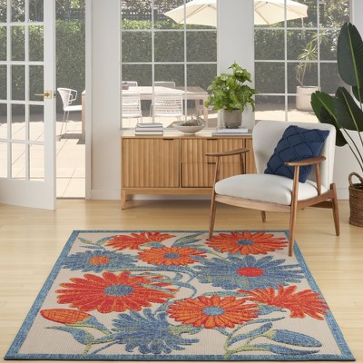 Ivory Multicolor Floral Synthetic Rectangular Indoor/Outdoor Rug 3'6" x 5'6"