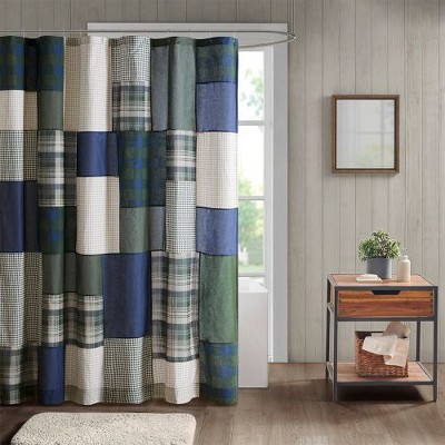 Sapphtopaz Inspired Plaid Cotton Shower Curtain, 72x72" Pieced Cotton Shower Curtain for Bathroom, 144TC Lined Multicolored Fabric Shower Curtain