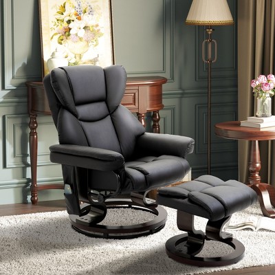 Black Faux Leather Massage Recliner with Ottoman and Metal Base